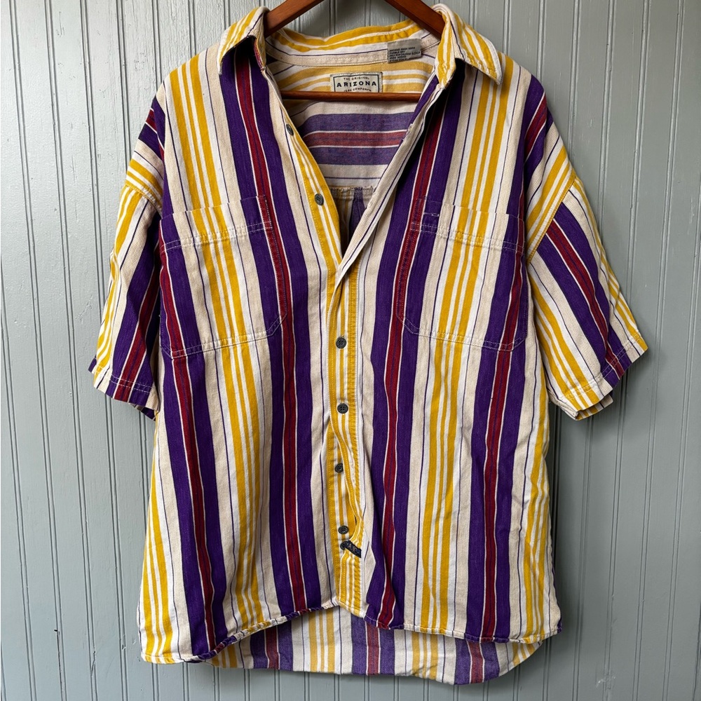 Arizona Jean Company Men's Cotton Yellow Purple White Vertical Stripped Button L